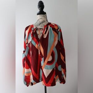 August Sky Blouse Size M Red Brown Blue Mod Geometric Balloon Sleeves Shirt NWOT